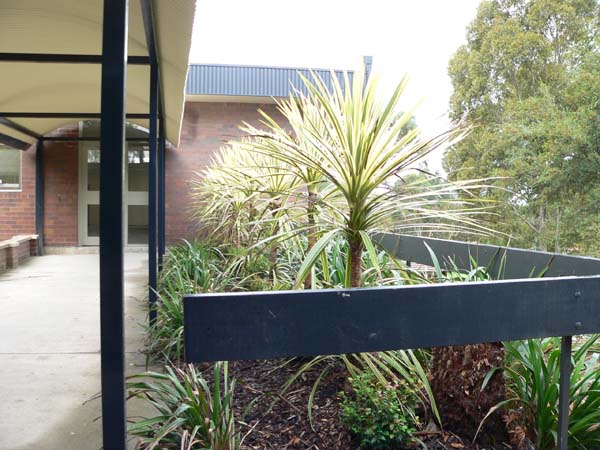 Building with awning over footpath. Plants in garden bed to right of footpath.