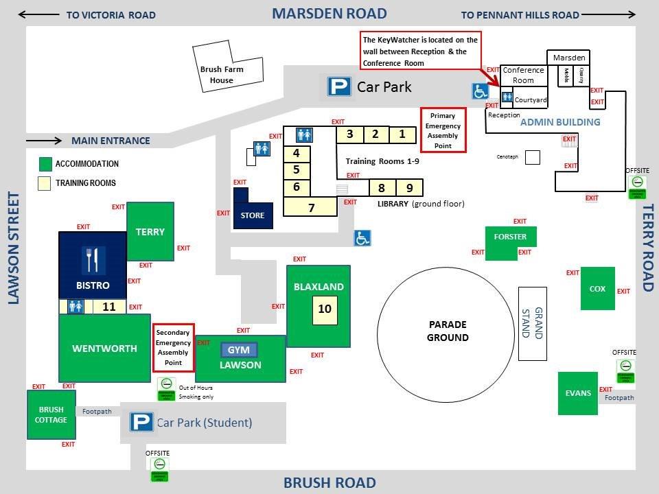 Floorplan of the Academy complex that highlights key exits and assembly points.